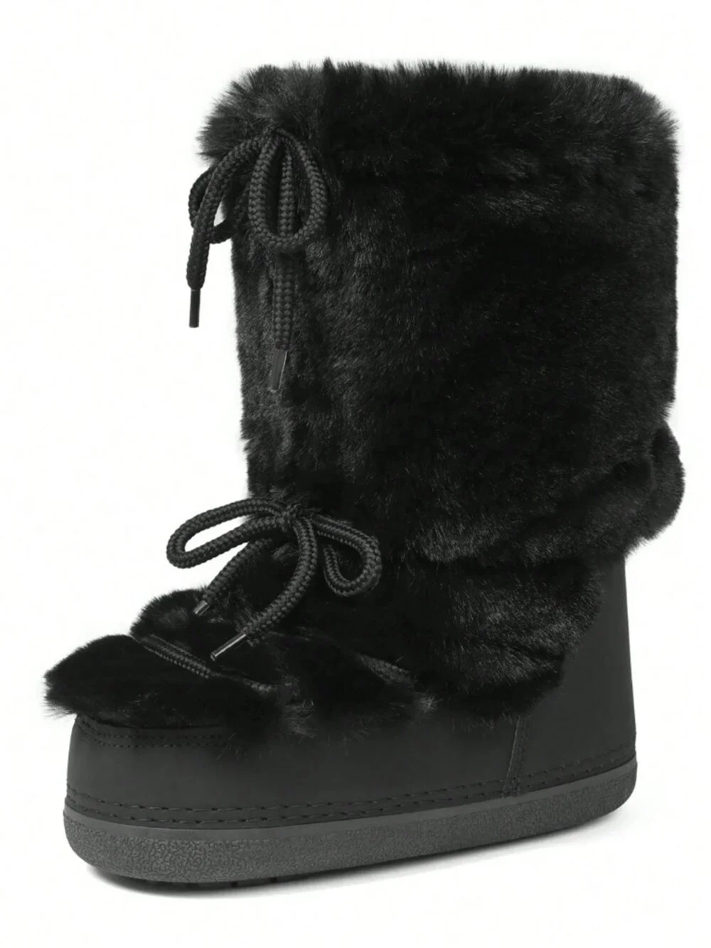 Black Cute Women's Lace-Up Furry Flat Round-Toe Boots